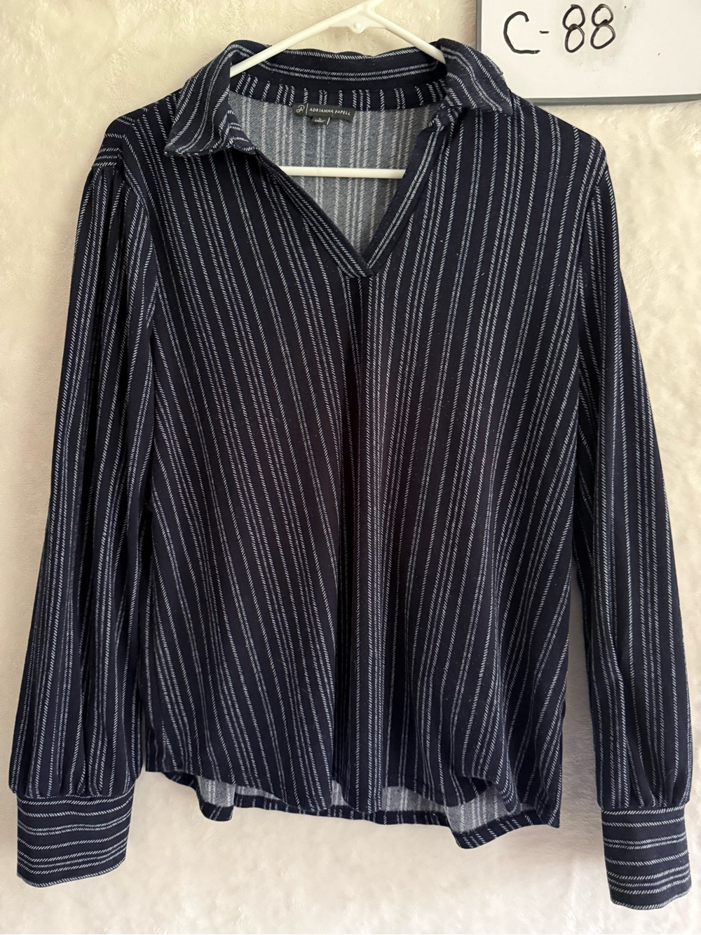 Adrianna Papell Navy and White Striped Button-Down Top